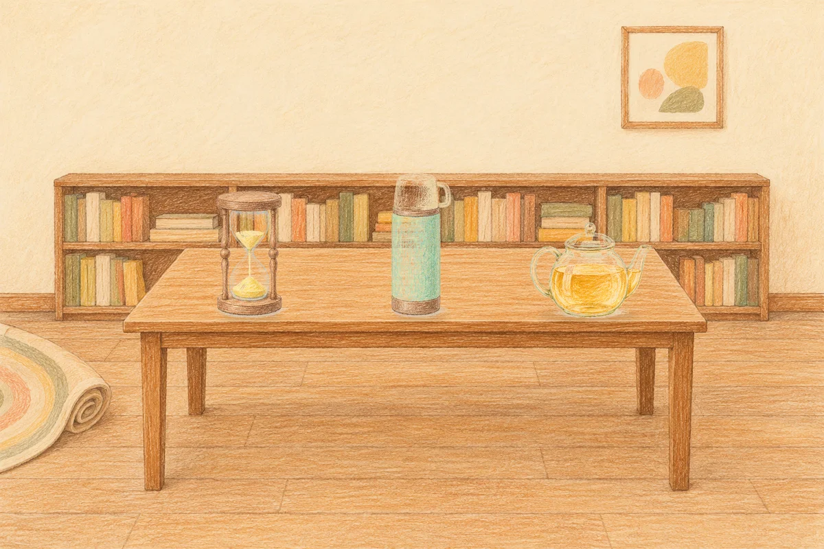 오금동 여성전용 페이셜 마사지 안내 그림, 낮의 서재 긴 책상 위에 놓인 모래시계, 보온병, 유리 티포트