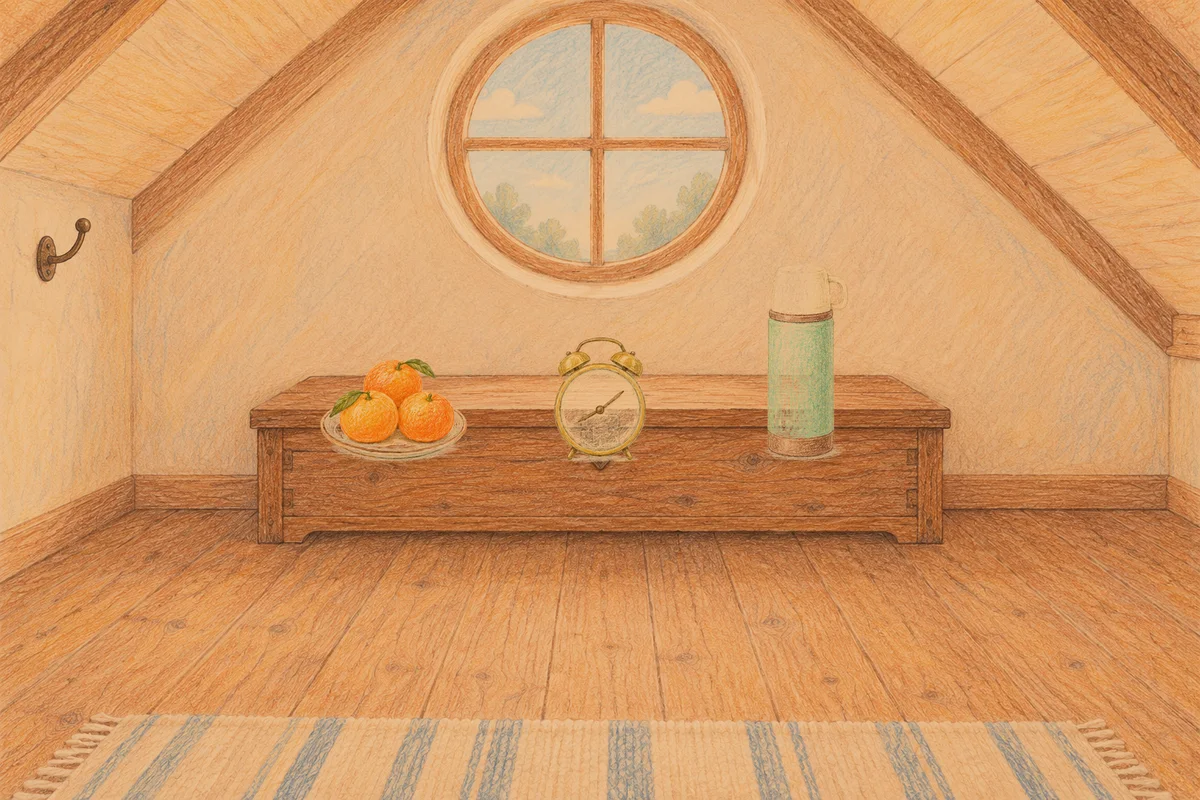 오금동 여성전용 얼굴 마사지 안내 그림, 저녁의 다락방 나무 궤짝 위에 놓인 귤이 담긴 접시, 둥근 알람시계, 보온병