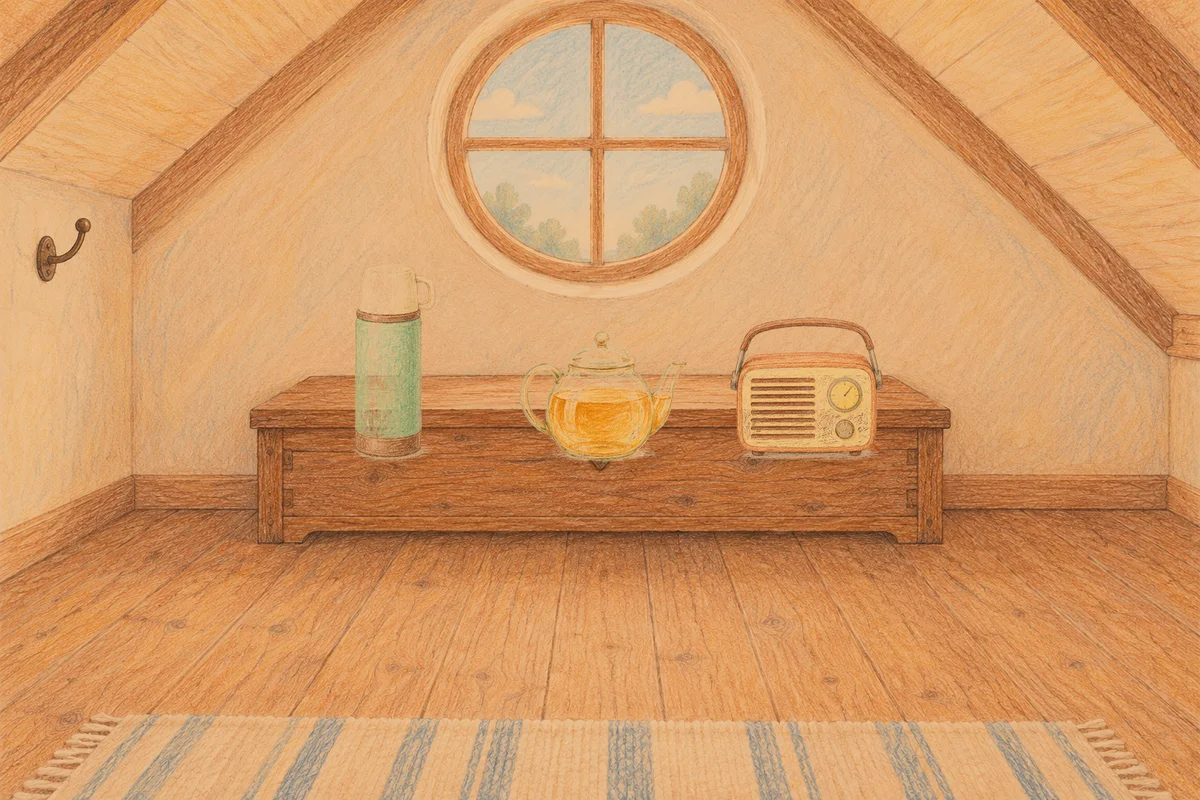 오금동 여성전용 림프 페이셜 안내 그림, 저녁의 다락방 나무 궤짝 위에 놓인 보온병, 유리 티포트, 작은 라디오