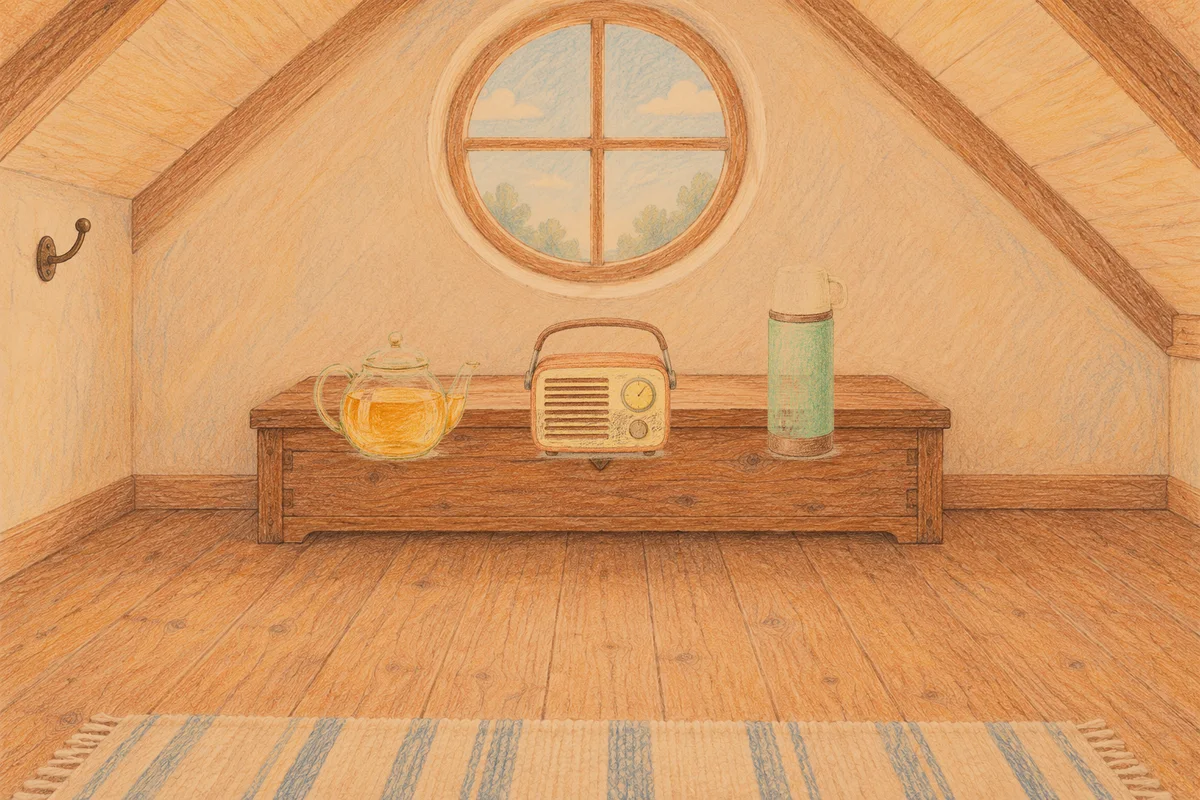 오금동 여성전용 예약 마사지 안내 그림, 저녁의 다락방 나무 궤짝 위에 놓인 유리 티포트, 작은 라디오, 보온병