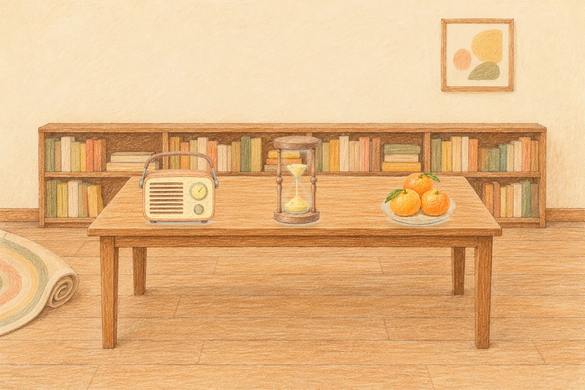 오금동 여성전용 후기 마사지 안내 그림, 낮의 서재 긴 책상 위에 놓인 작은 라디오, 모래시계, 귤이 담긴 접시
