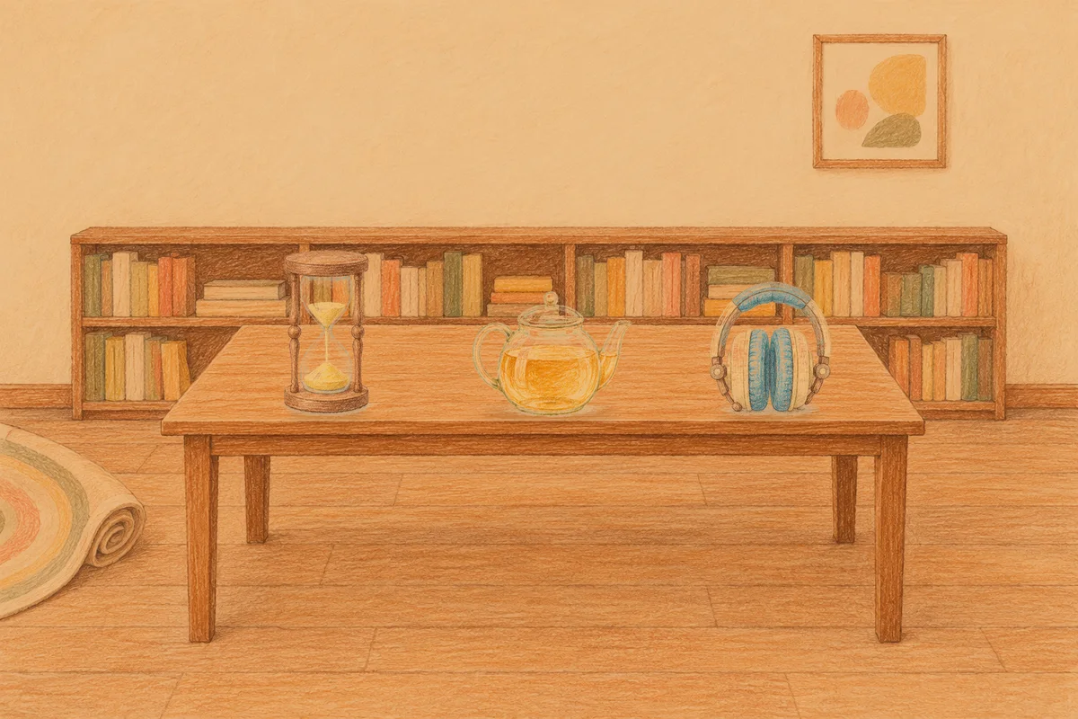 오금동 여성전용 출장 마사지 안내 그림, 저녁의 서재 긴 책상 위에 놓인 모래시계, 유리 티포트, 헤드폰