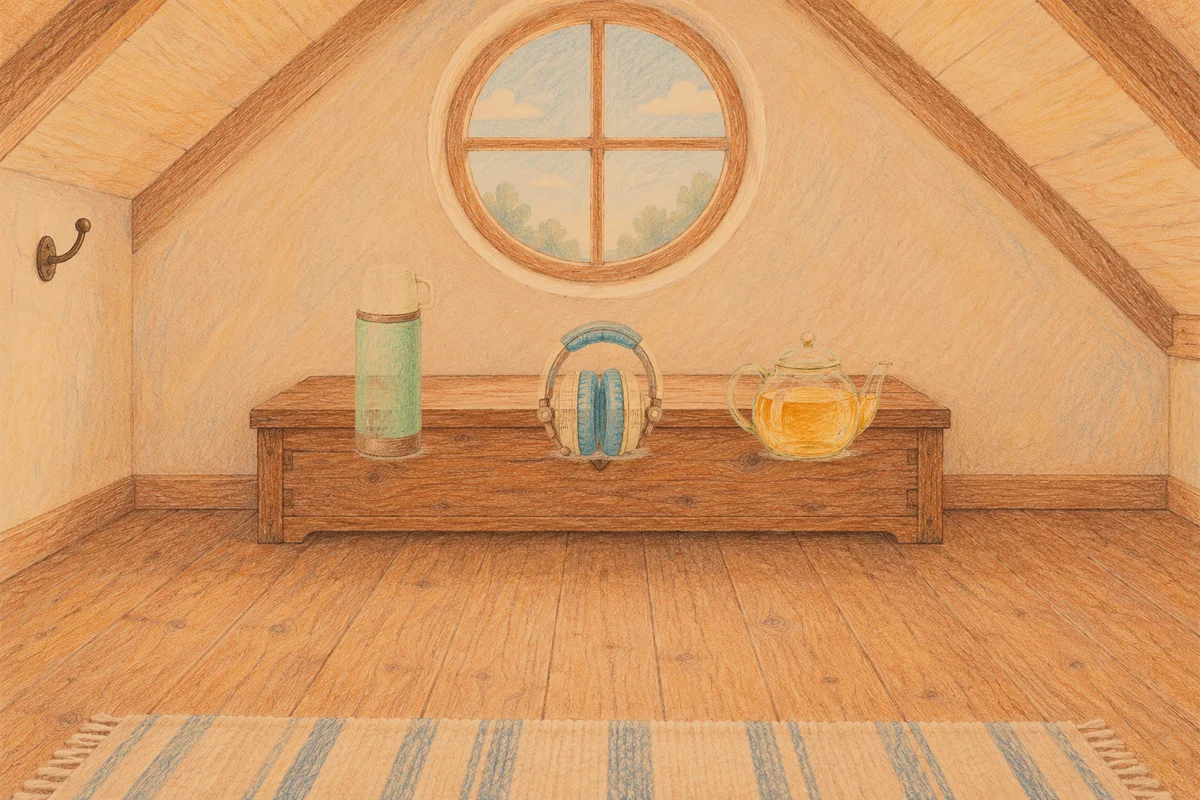 거여동 여성전용 스웨디시 홈케어 안내 그림, 저녁의 다락방 나무 궤짝 위에 놓인 보온병, 헤드폰, 유리 티포트