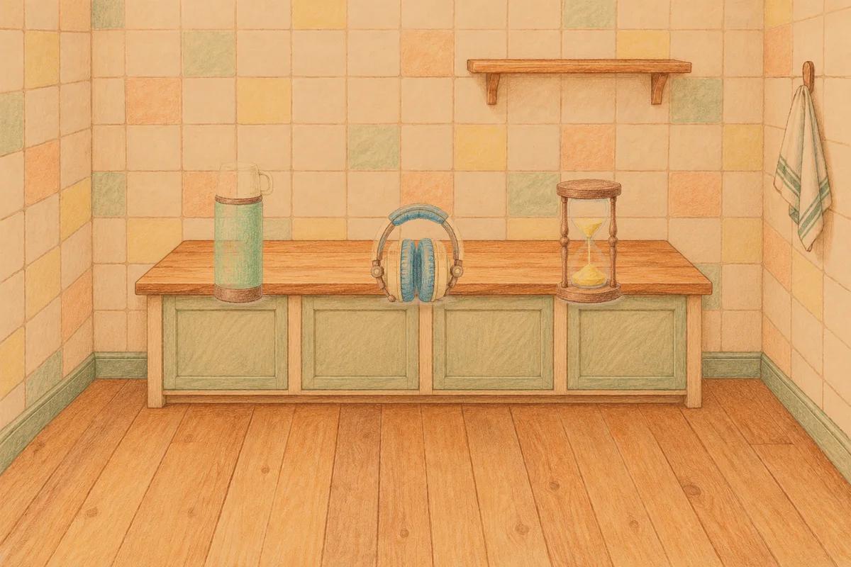 거여동 여성전용 프리미엄 스웨디시 안내 그림, 저녁의 부엌 나무 조리대 위에 놓인 보온병, 헤드폰, 모래시계