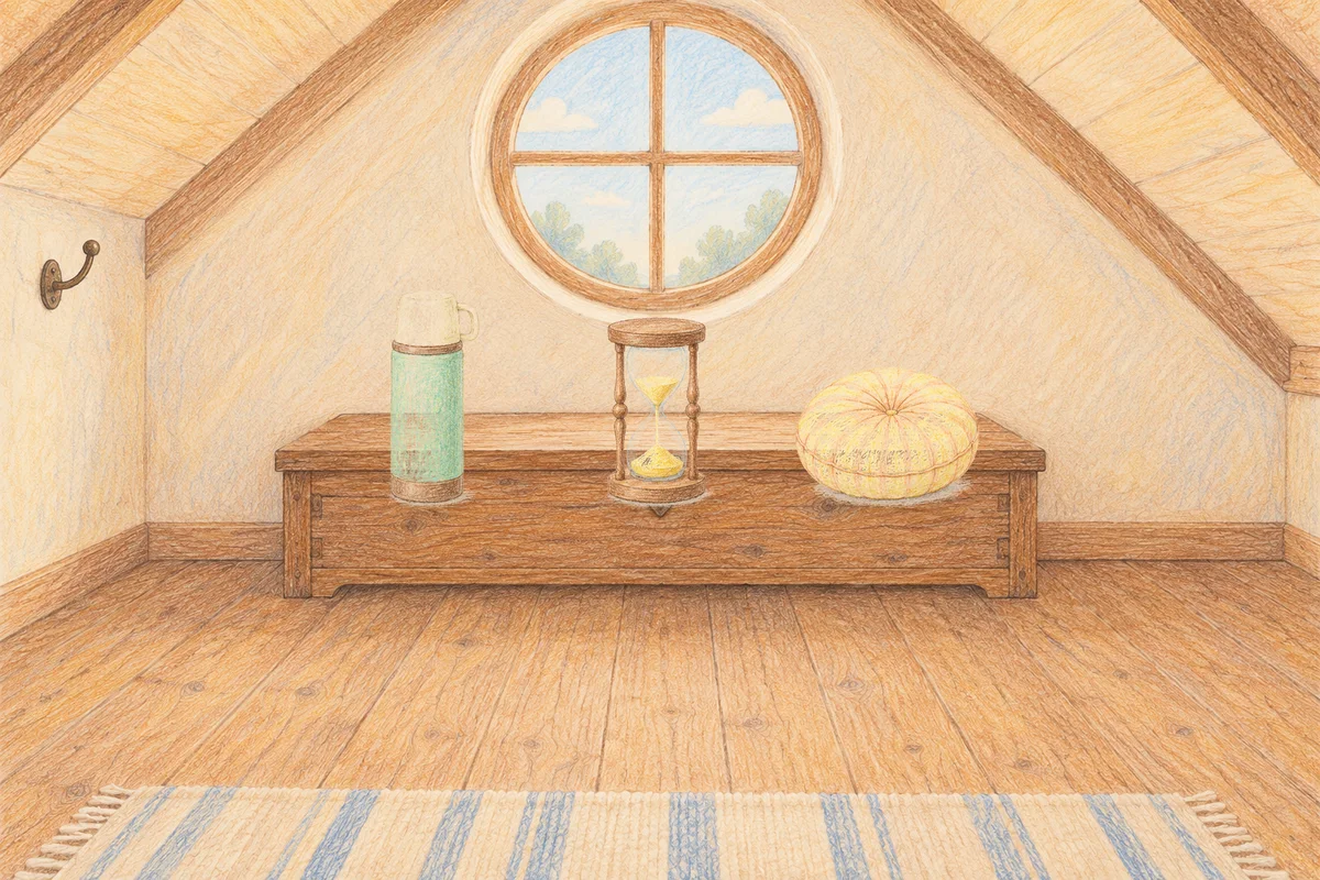 거여동 여성전용 라벤더 아로마 안내 그림, 낮의 다락방 나무 궤짝 위에 놓인 보온병, 모래시계, 둥근 쿠션