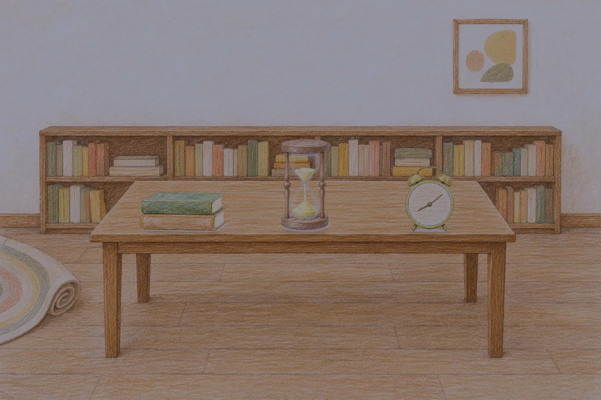 거여동 여성전용 스웨디시 추천 안내 그림, 밤의 서재 긴 책상 위에 놓인 책 두 권, 모래시계, 둥근 알람시계