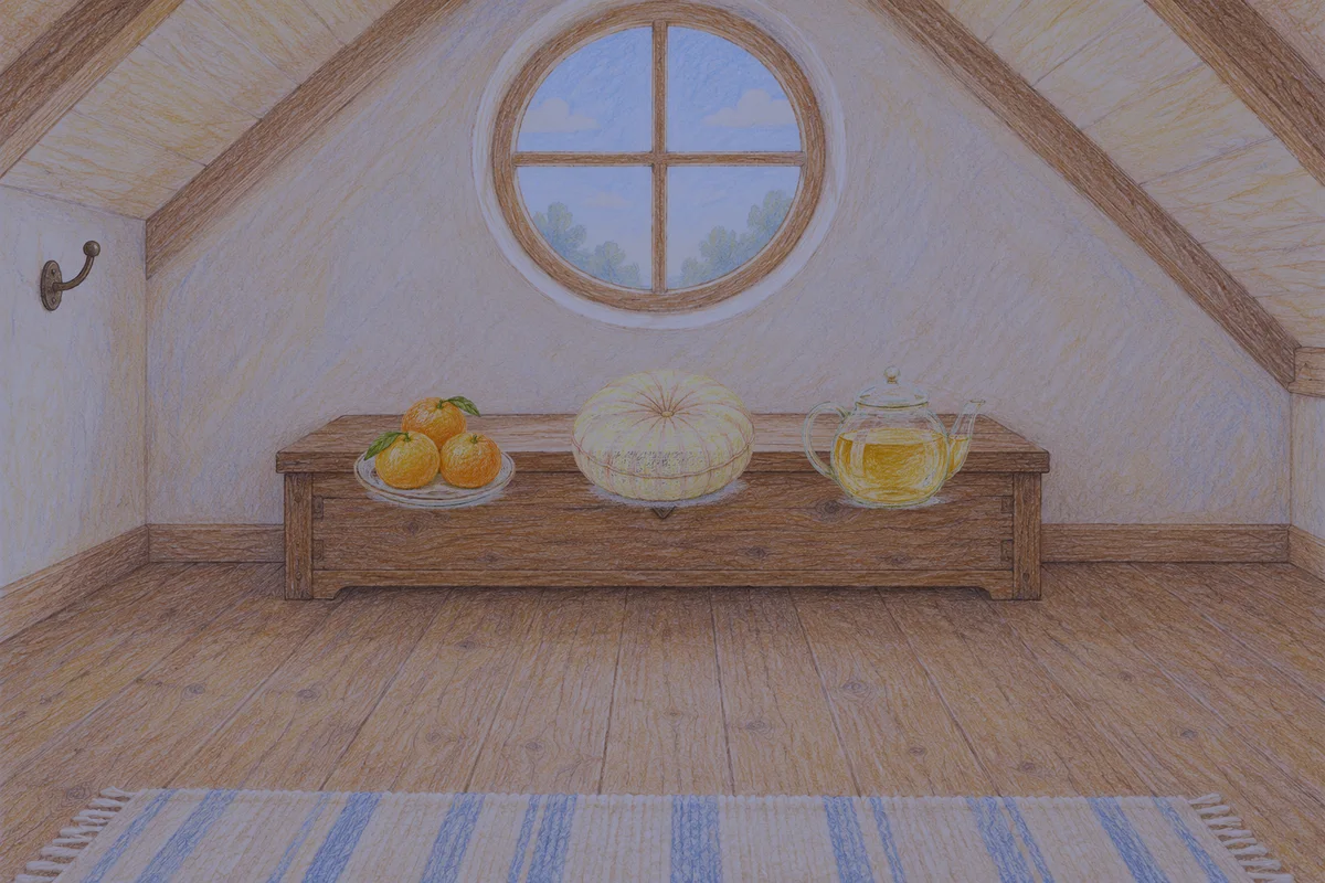 거여동 여성전용 경락마사지 안내 그림, 밤의 다락방 나무 궤짝 위에 놓인 귤이 담긴 접시, 둥근 쿠션, 유리 티포트