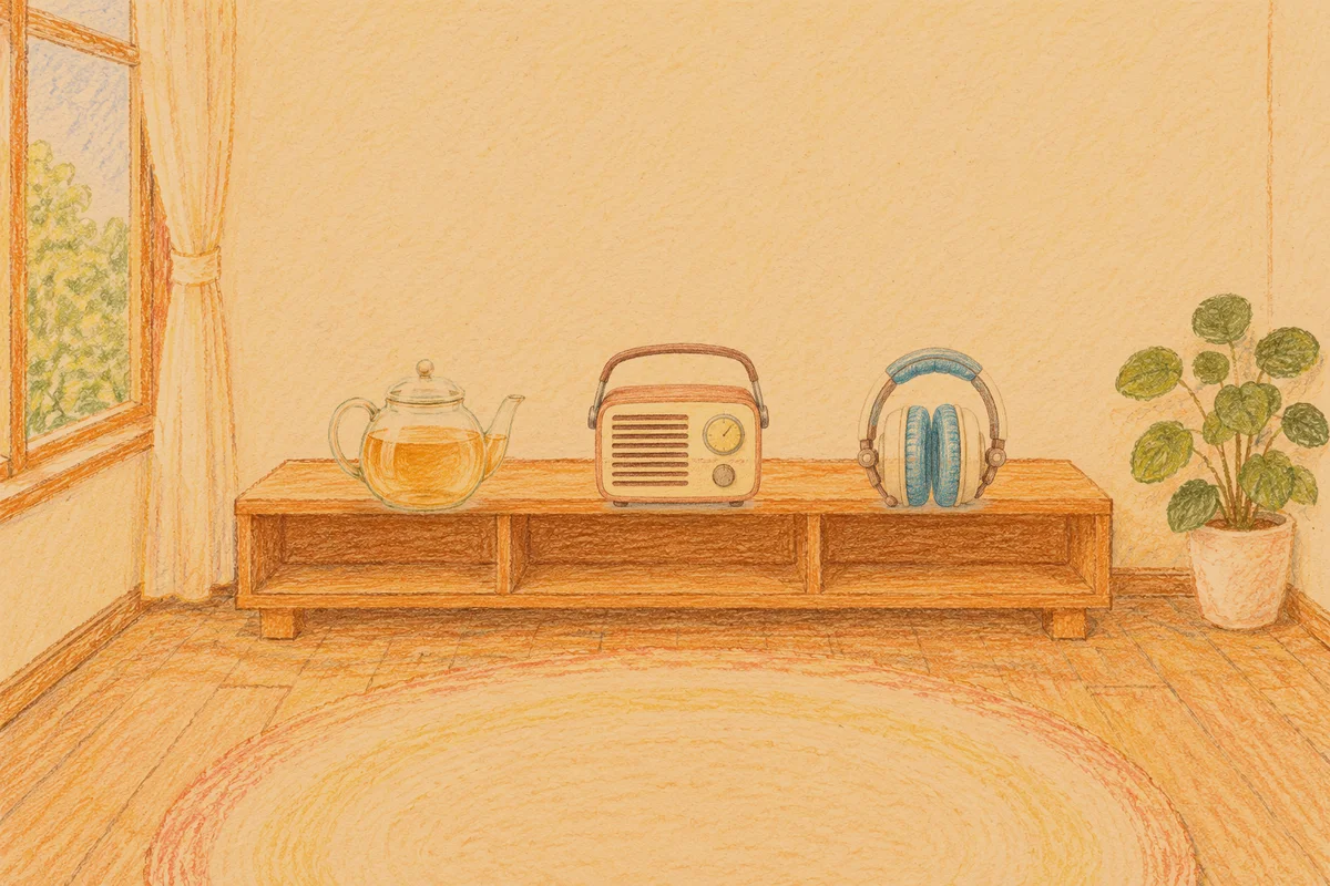 거여동 여성전용 경락 마사지 안내 그림, 저녁의 창가 낮은 선반 위에 놓인 유리 티포트, 작은 라디오, 헤드폰