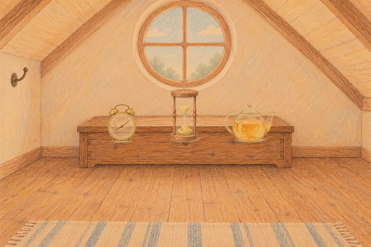 거여동 여성전용 얼굴 경락 안내 그림, 저녁의 다락방 나무 궤짝 위에 놓인 둥근 알람시계, 모래시계, 유리 티포트