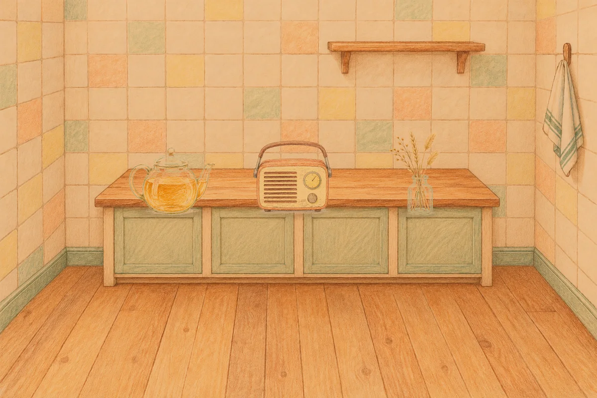 거여동 여성전용 바디 경락 안내 그림, 저녁의 부엌 나무 조리대 위에 놓인 유리 티포트, 작은 라디오, 마른 풀을 꽂은 항아리