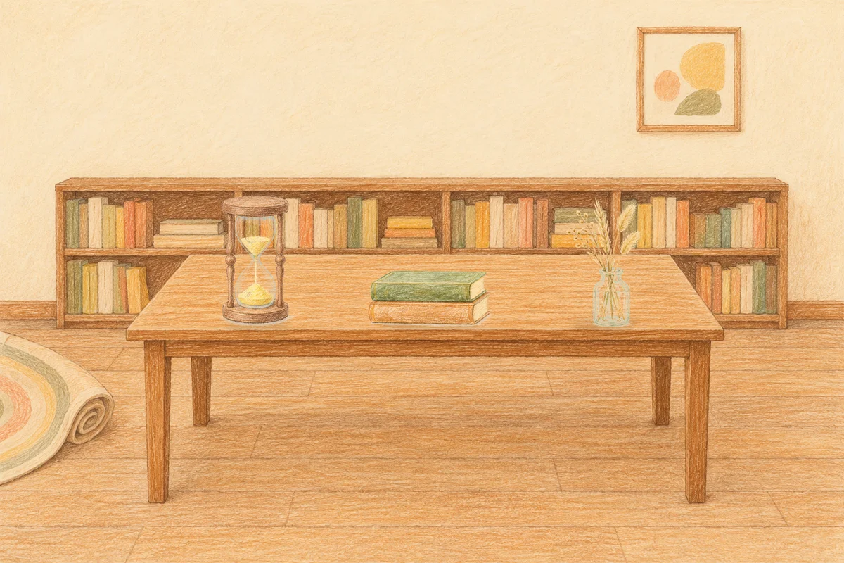 거여동 여성전용 경락마사지 후기 안내 그림, 낮의 서재 긴 책상 위에 놓인 모래시계, 책 두 권, 마른 풀을 꽂은 항아리