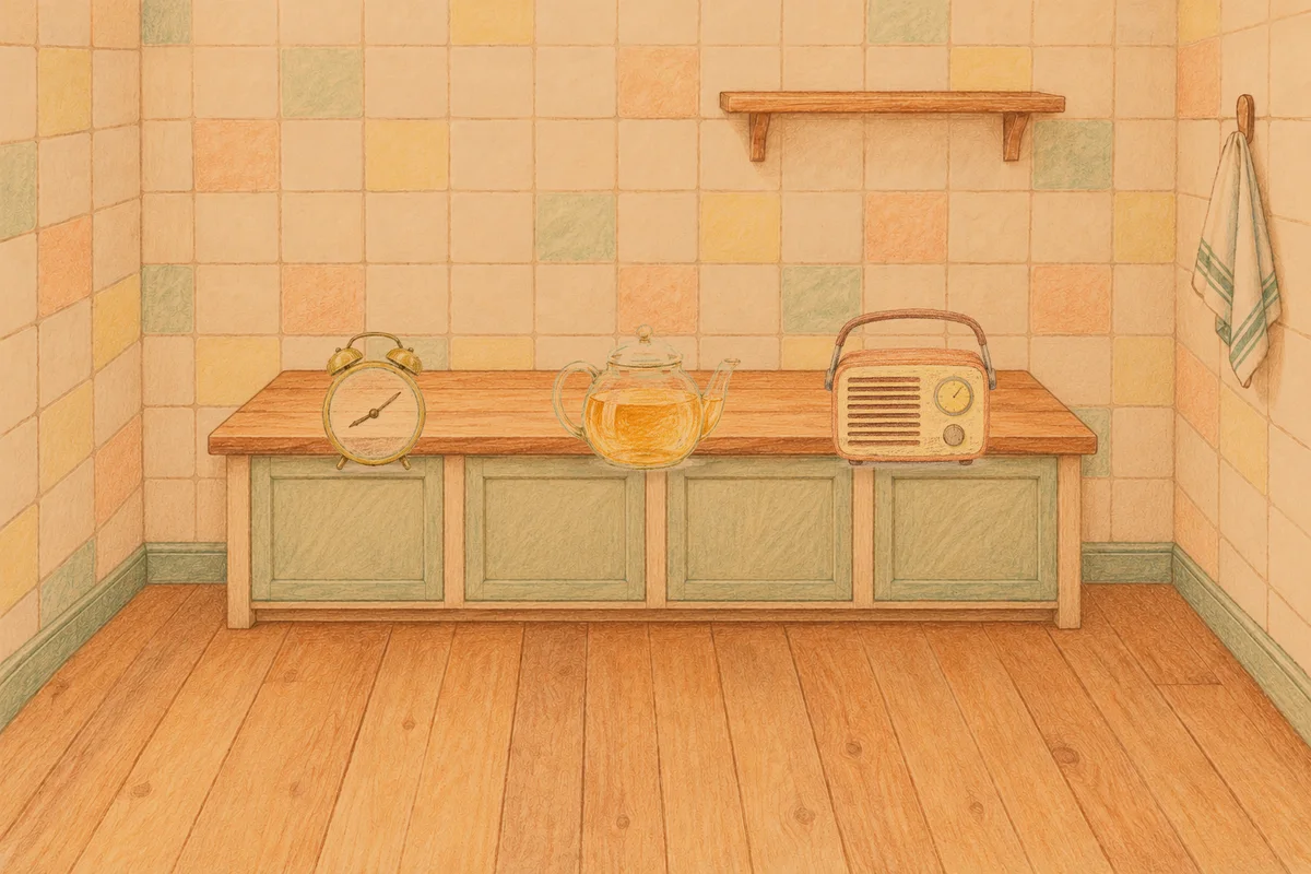 거여동 여성전용 경락 가격 안내 그림, 저녁의 부엌 나무 조리대 위에 놓인 둥근 알람시계, 유리 티포트, 작은 라디오