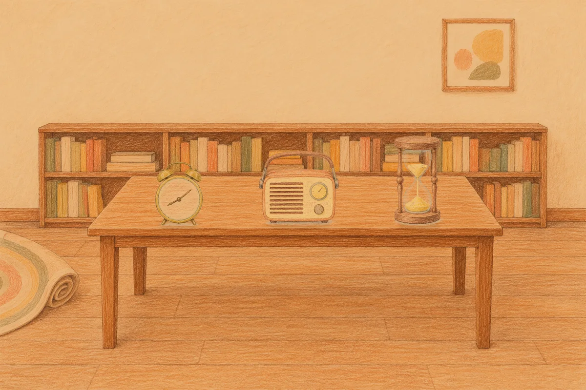 거여동 여성전용 경락 추천 안내 그림, 저녁의 서재 긴 책상 위에 놓인 둥근 알람시계, 작은 라디오, 모래시계