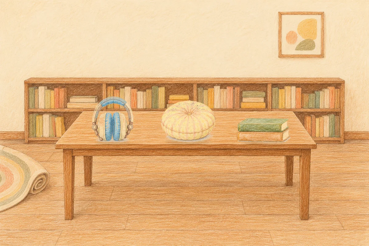 거여동 여성전용 홈케어 서비스 안내 그림, 낮의 서재 긴 책상 위에 놓인 헤드폰, 둥근 쿠션, 책 두 권