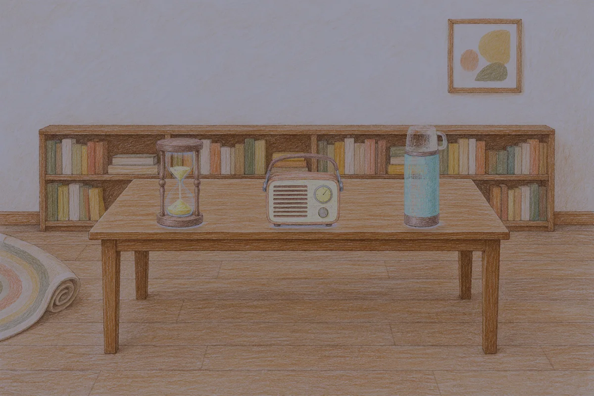 거여동 여성전용 프라이빗 케어 안내 그림, 밤의 서재 긴 책상 위에 놓인 모래시계, 작은 라디오, 보온병