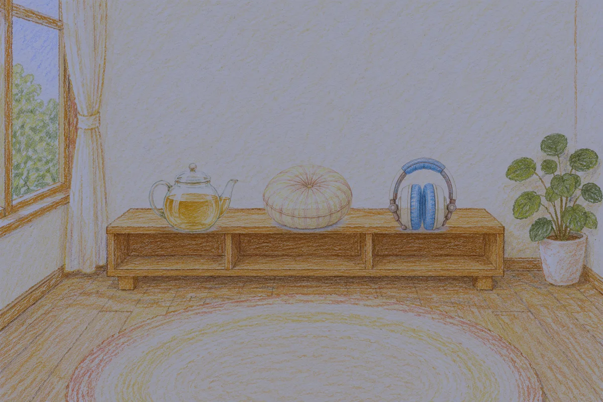 거여동 여성전용 발관리 후기 안내 그림, 밤의 창가 낮은 선반 위에 놓인 유리 티포트, 둥근 쿠션, 헤드폰