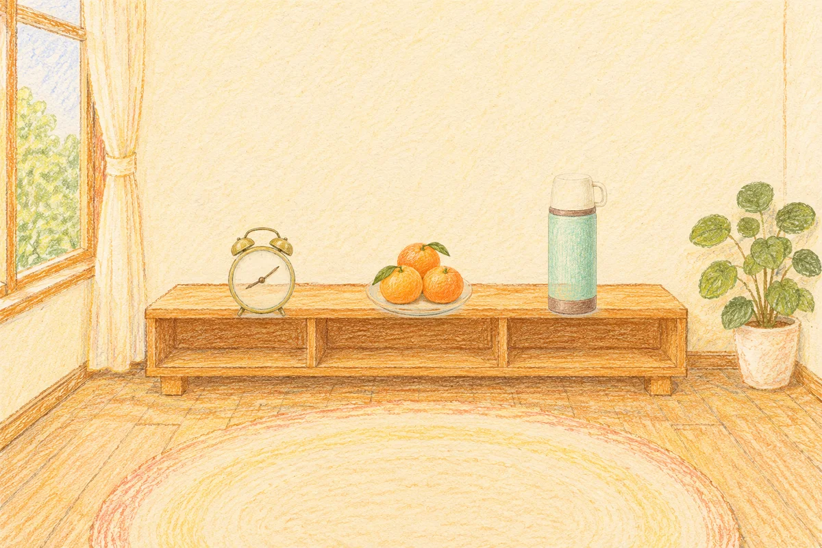 거여동 여성전용 셀룰라이트 관리 안내 그림, 낮의 창가 낮은 선반 위에 놓인 둥근 알람시계, 귤이 담긴 접시, 보온병