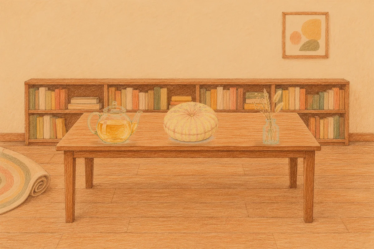 거여동 여성전용 디톡스 마사지 안내 그림, 저녁의 서재 긴 책상 위에 놓인 유리 티포트, 둥근 쿠션, 마른 풀을 꽂은 항아리