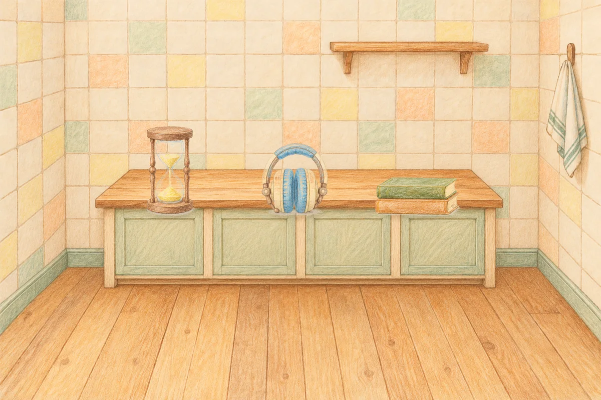 거여동 여성전용 다이어트 마사지 안내 그림, 낮의 부엌 나무 조리대 위에 놓인 모래시계, 헤드폰, 책 두 권