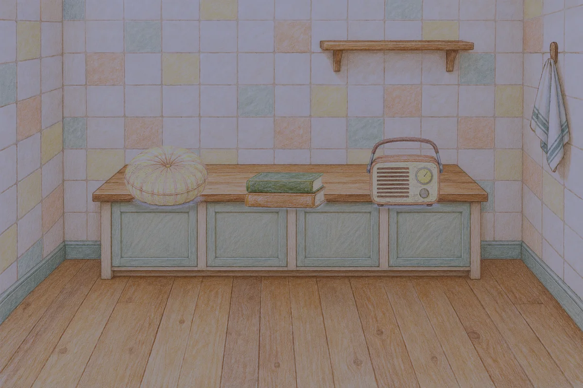 거여동 여성전용 복부 마사지 안내 그림, 밤의 부엌 나무 조리대 위에 놓인 둥근 쿠션, 책 두 권, 작은 라디오