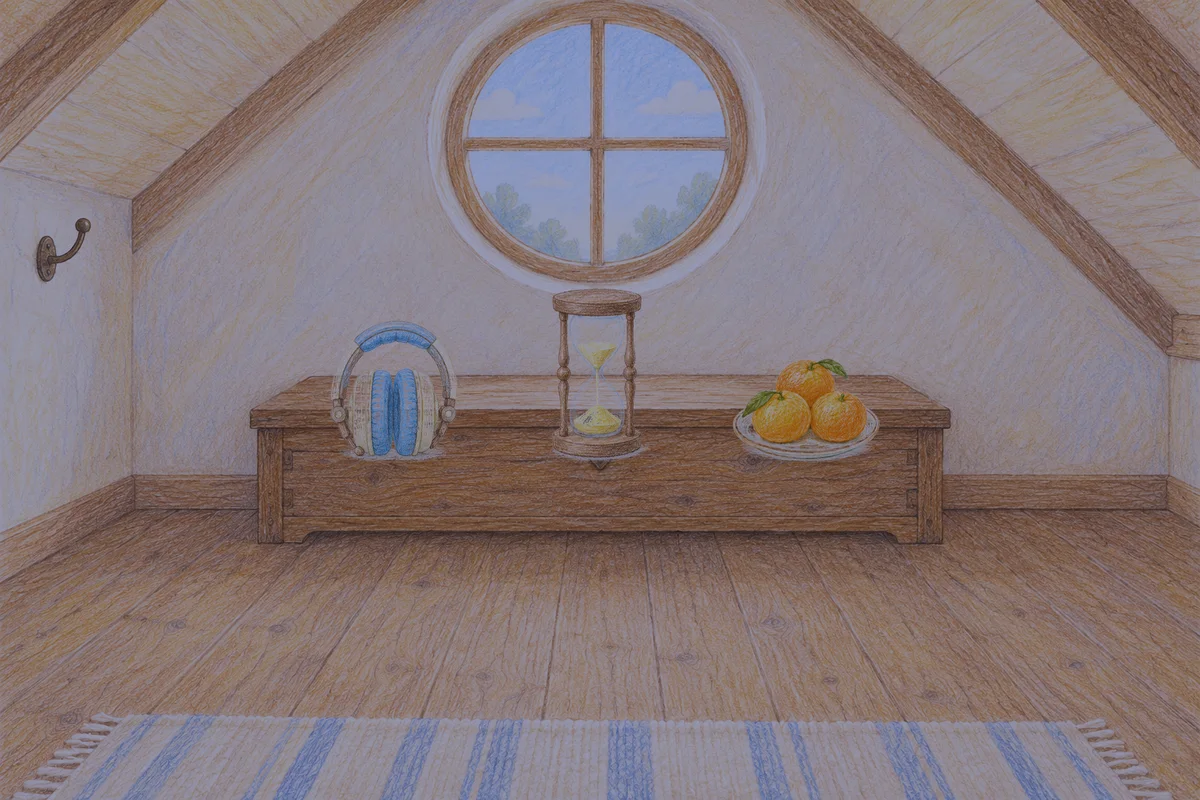 거여동 여성전용 두피 케어 안내 그림, 밤의 다락방 나무 궤짝 위에 놓인 헤드폰, 모래시계, 귤이 담긴 접시