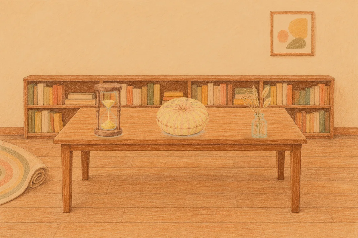 거여동 여성전용 어깨 마사지 안내 그림, 저녁의 서재 긴 책상 위에 놓인 모래시계, 둥근 쿠션, 마른 풀을 꽂은 항아리