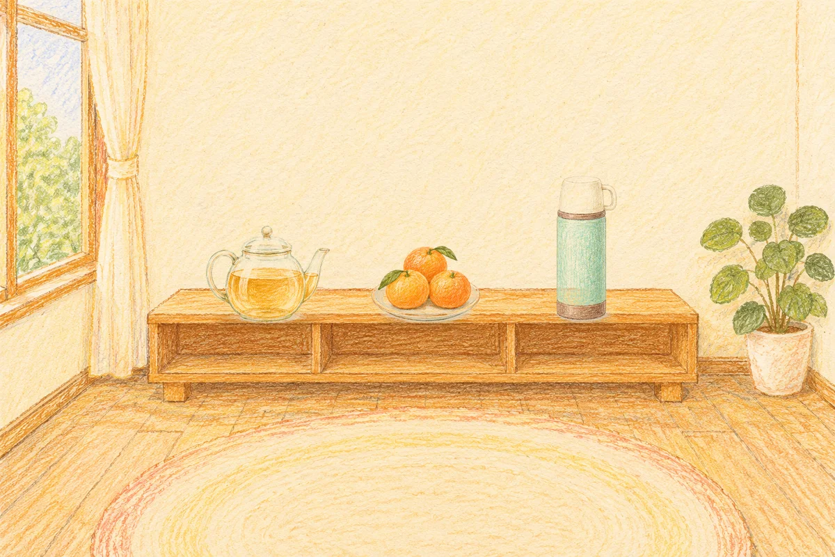 거여동 여성전용 목 어깨 케어 안내 그림, 낮의 창가 낮은 선반 위에 놓인 유리 티포트, 귤이 담긴 접시, 보온병