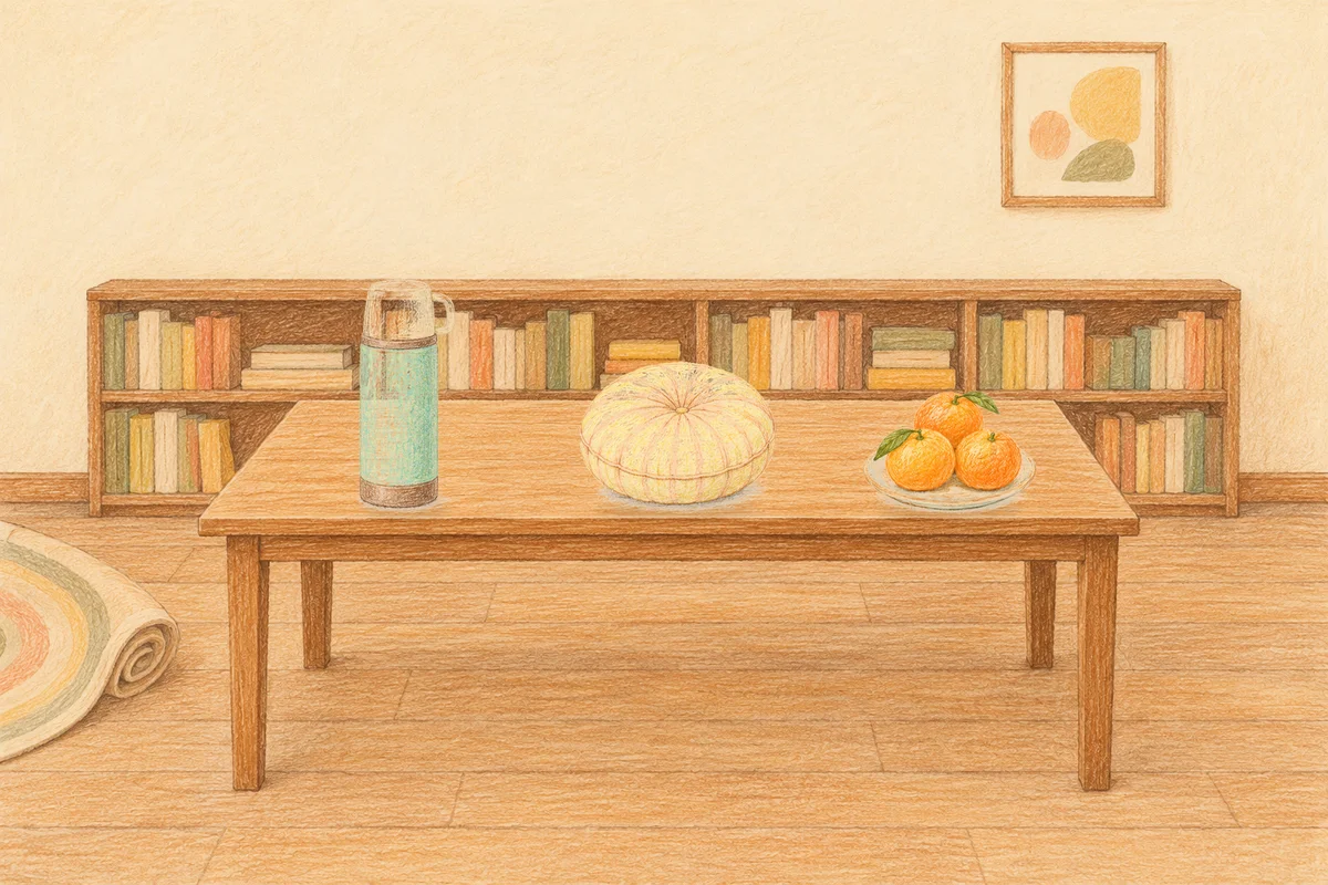 거여동 여성전용 두통 완화 마사지 안내 그림, 낮의 서재 긴 책상 위에 놓인 보온병, 둥근 쿠션, 귤이 담긴 접시