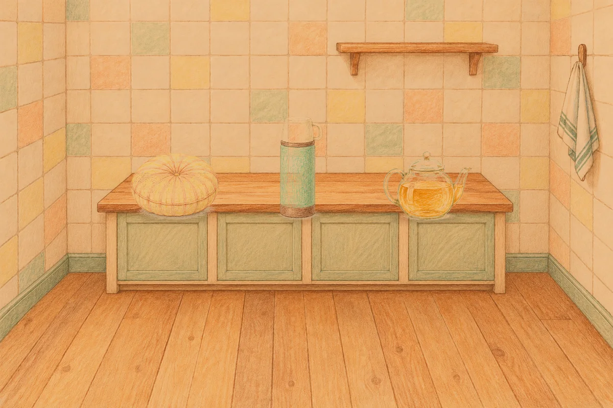 거여동 여성전용 피로 회복 마사지 안내 그림, 저녁의 부엌 나무 조리대 위에 놓인 둥근 쿠션, 보온병, 유리 티포트