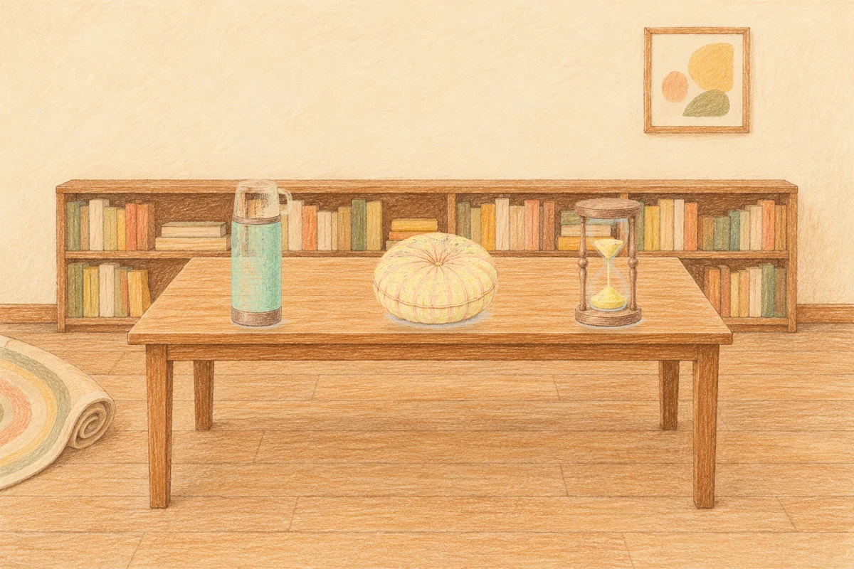 거여동 여성전용 안티에이징 케어 안내 그림, 낮의 서재 긴 책상 위에 놓인 보온병, 둥근 쿠션, 모래시계