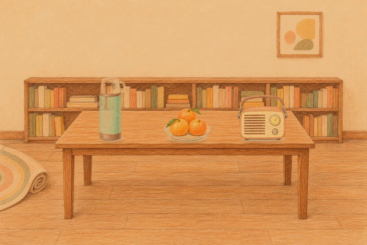 거여동 여성전용 후기 마사지 안내 그림, 저녁의 서재 긴 책상 위에 놓인 보온병, 귤이 담긴 접시, 작은 라디오