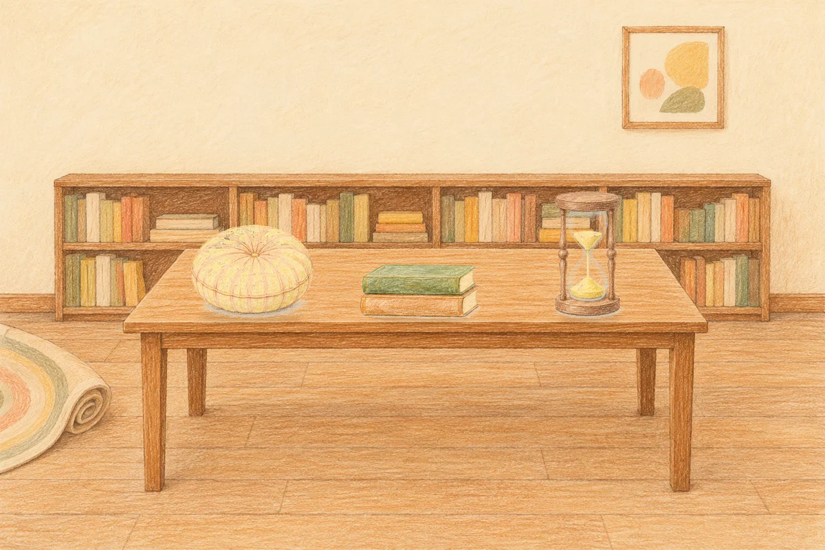 거여동 여성전용 가격 마사지 안내 그림, 낮의 서재 긴 책상 위에 놓인 둥근 쿠션, 책 두 권, 모래시계