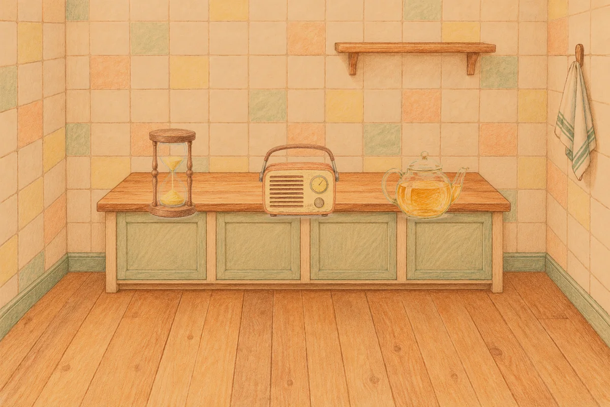 거여동 여성전용 출장 마사지 안내 그림, 저녁의 부엌 나무 조리대 위에 놓인 모래시계, 작은 라디오, 유리 티포트