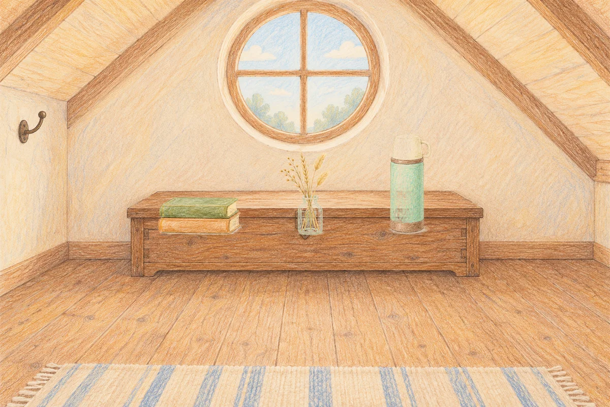 거여동 여성전용 출장 마사지 후기 안내 그림, 낮의 다락방 나무 궤짝 위에 놓인 책 두 권, 마른 풀을 꽂은 항아리, 보온병