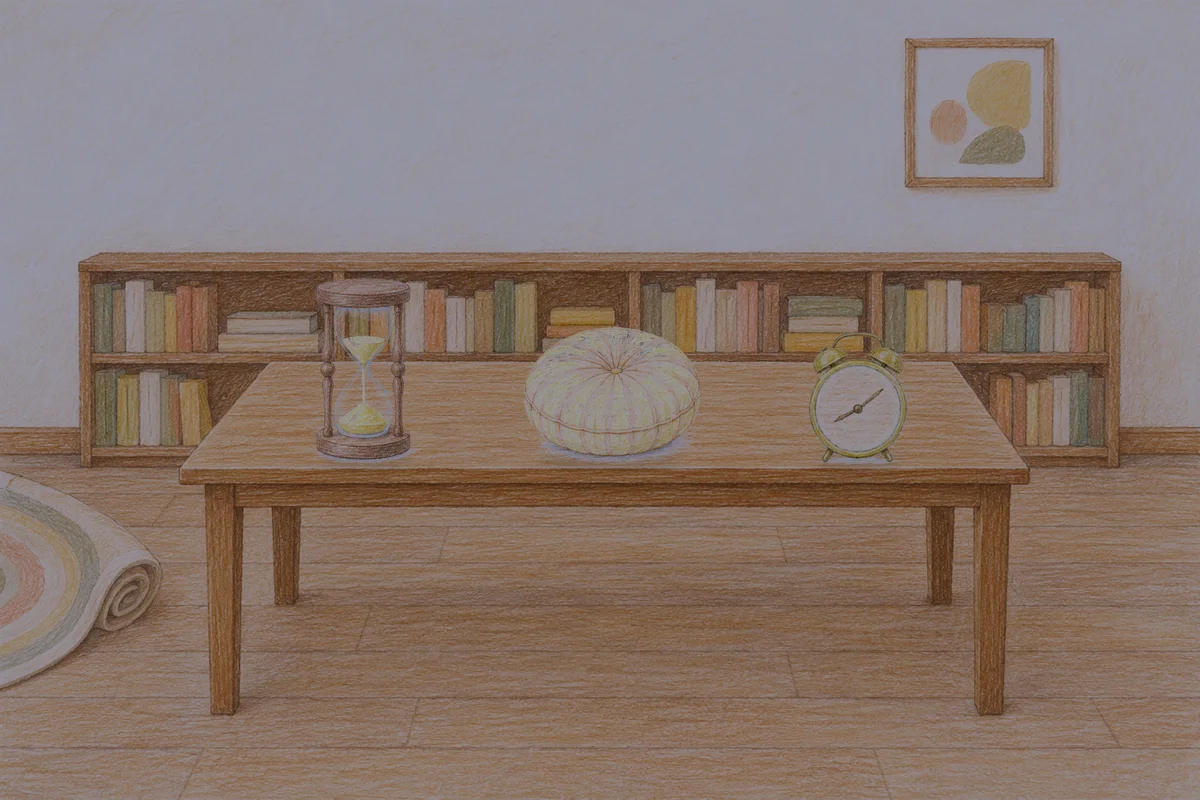 마천동 여성전용 아로마 마사지 안내 그림, 밤의 서재 긴 책상 위에 놓인 모래시계, 둥근 쿠션, 둥근 알람시계