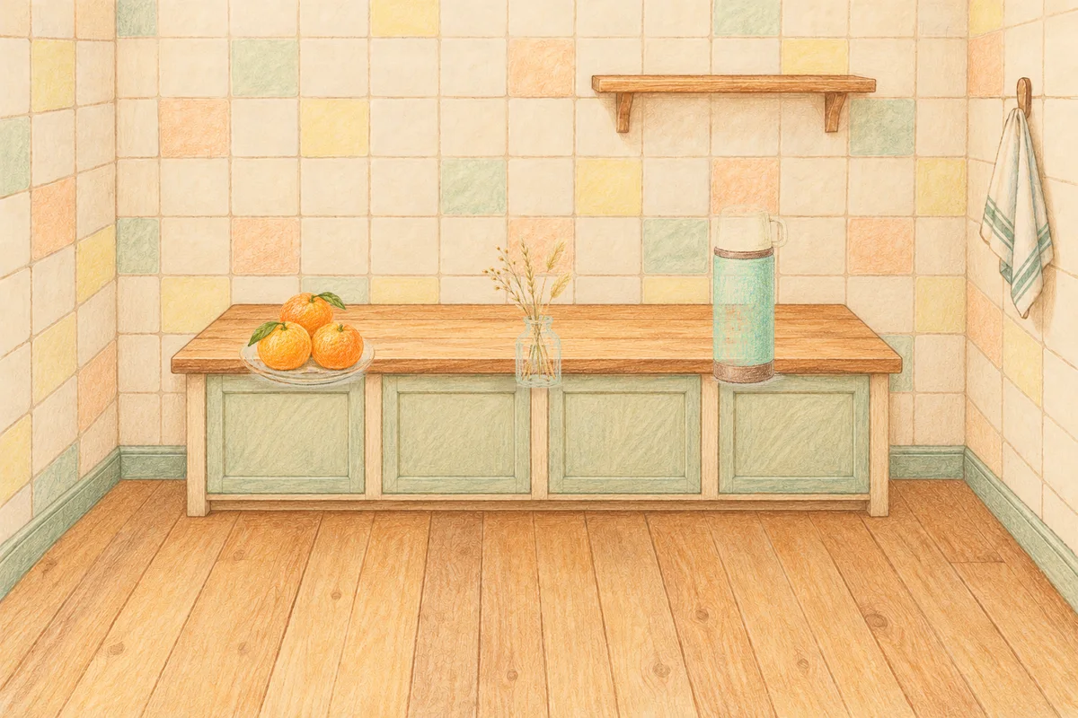 마천동 여성전용 아로마테라피 안내 그림, 낮의 부엌 나무 조리대 위에 놓인 귤이 담긴 접시, 마른 풀을 꽂은 항아리, 보온병
