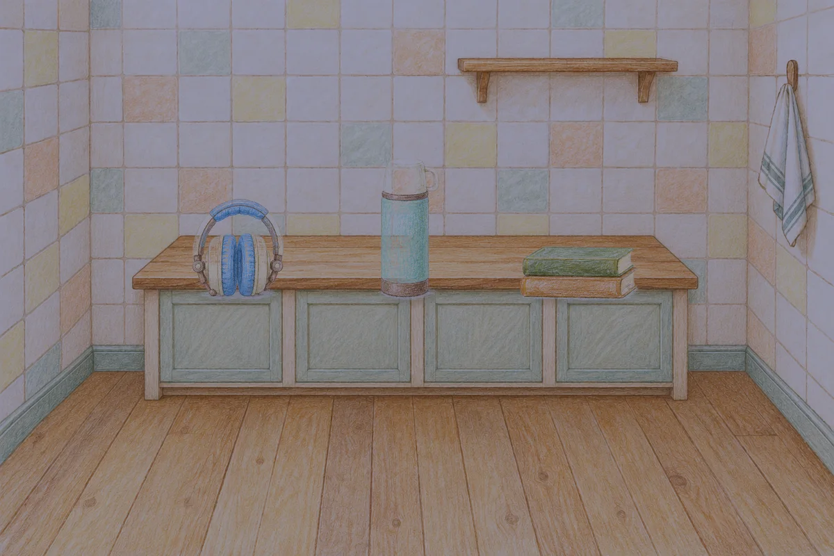 마천동 여성전용 스웨디시 홈케어 안내 그림, 밤의 부엌 나무 조리대 위에 놓인 헤드폰, 보온병, 책 두 권
