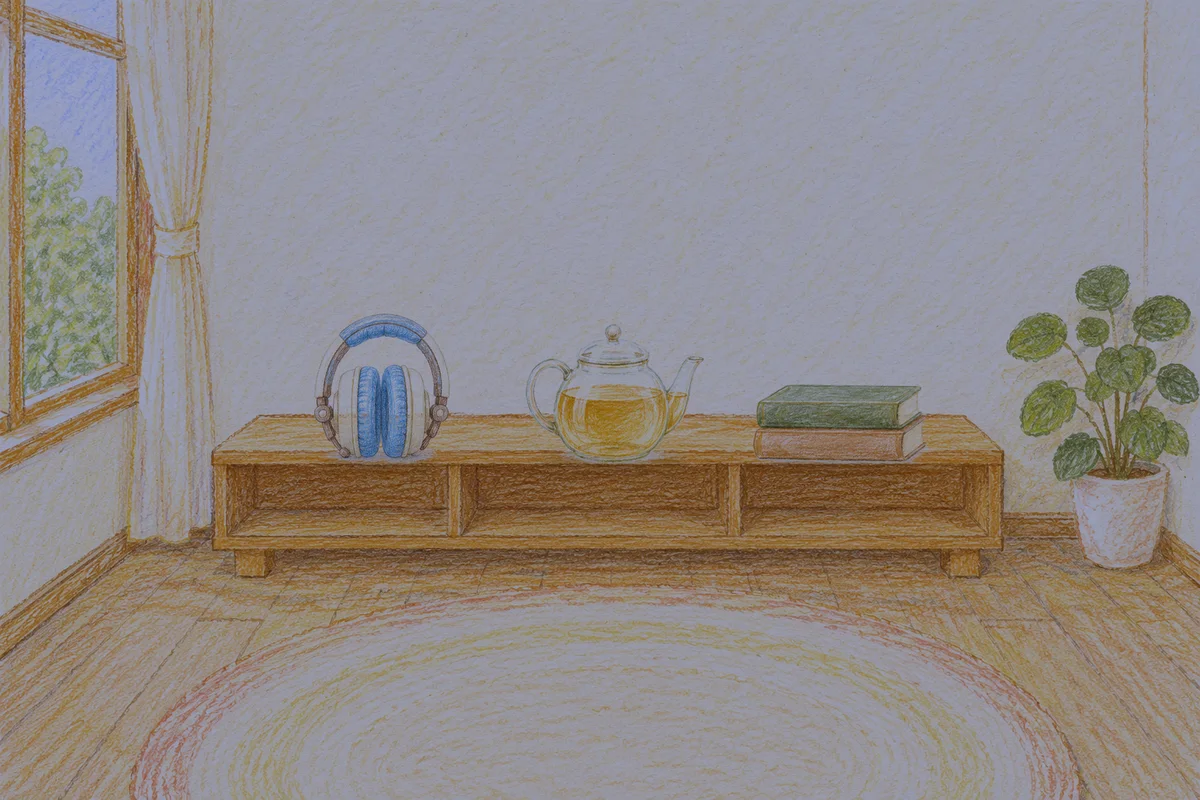 마천동 여성전용 프리미엄 스웨디시 안내 그림, 밤의 창가 낮은 선반 위에 놓인 헤드폰, 유리 티포트, 책 두 권