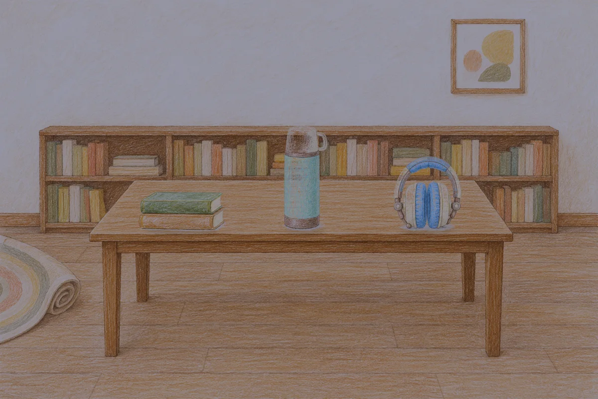 마천동 여성전용 스웨디시 가격 안내 그림, 밤의 서재 긴 책상 위에 놓인 책 두 권, 보온병, 헤드폰