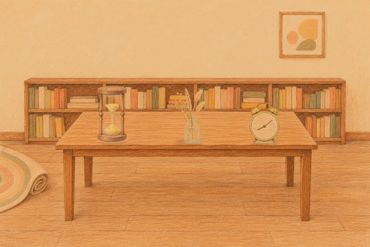 마천동 여성전용 스웨디시 추천 안내 그림, 저녁의 서재 긴 책상 위에 놓인 모래시계, 마른 풀을 꽂은 항아리, 둥근 알람시계
