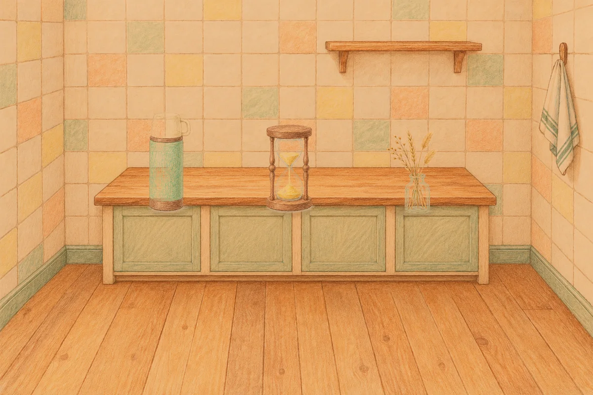 마천동 여성전용 경락마사지 안내 그림, 저녁의 부엌 나무 조리대 위에 놓인 보온병, 모래시계, 마른 풀을 꽂은 항아리