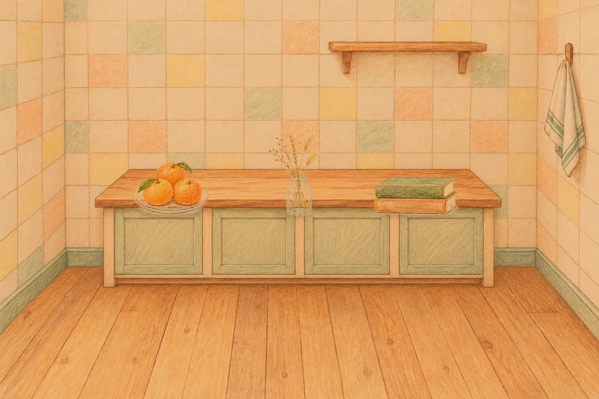 마천동 여성전용 경락 마사지 안내 그림, 저녁의 부엌 나무 조리대 위에 놓인 귤이 담긴 접시, 마른 풀을 꽂은 항아리, 책 두 권