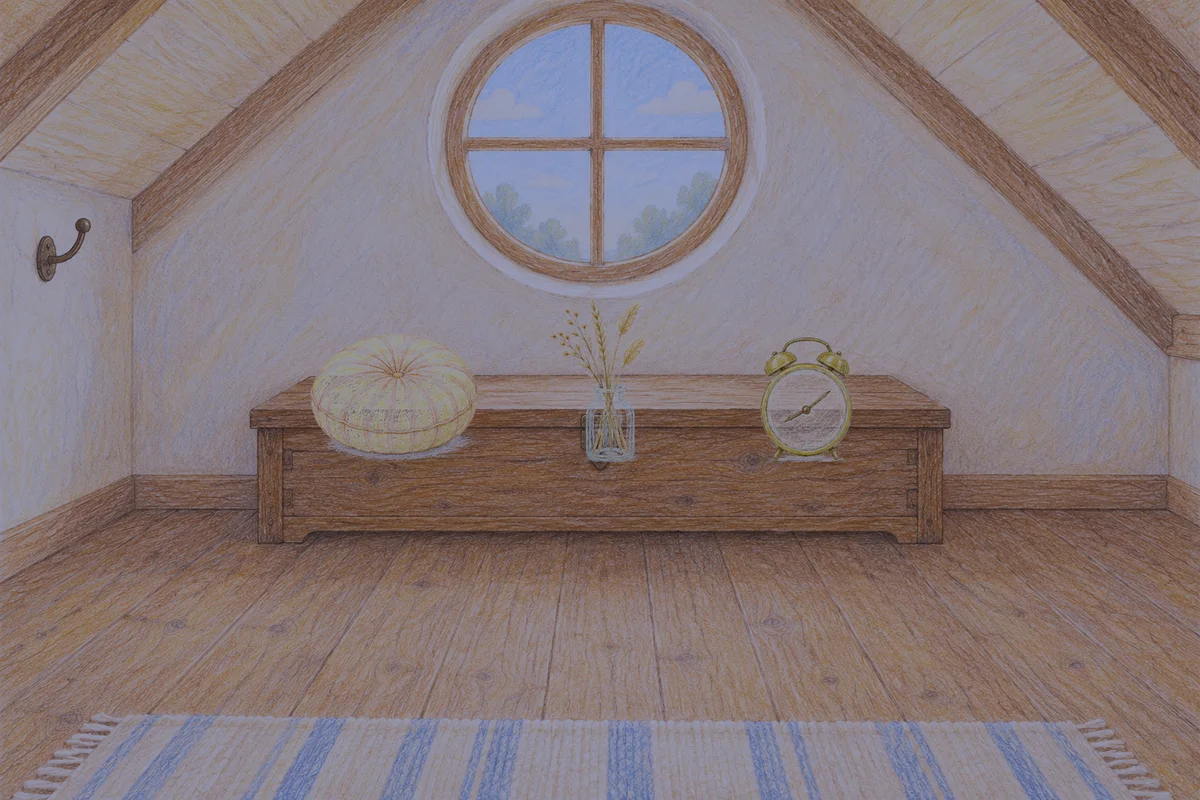 마천동 여성전용 경락 케어 안내 그림, 밤의 다락방 나무 궤짝 위에 놓인 둥근 쿠션, 마른 풀을 꽂은 항아리, 둥근 알람시계