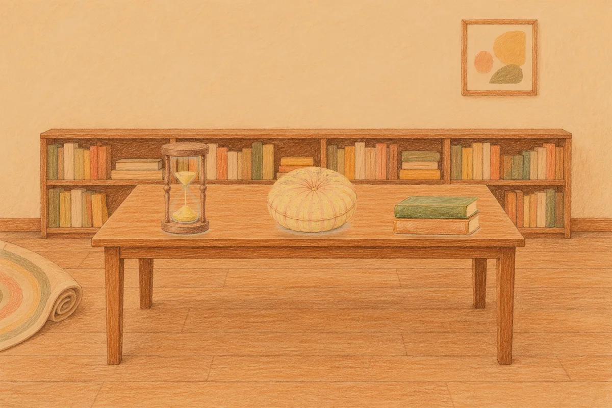 마천동 여성전용 경락마사지 후기 안내 그림, 저녁의 서재 긴 책상 위에 놓인 모래시계, 둥근 쿠션, 책 두 권