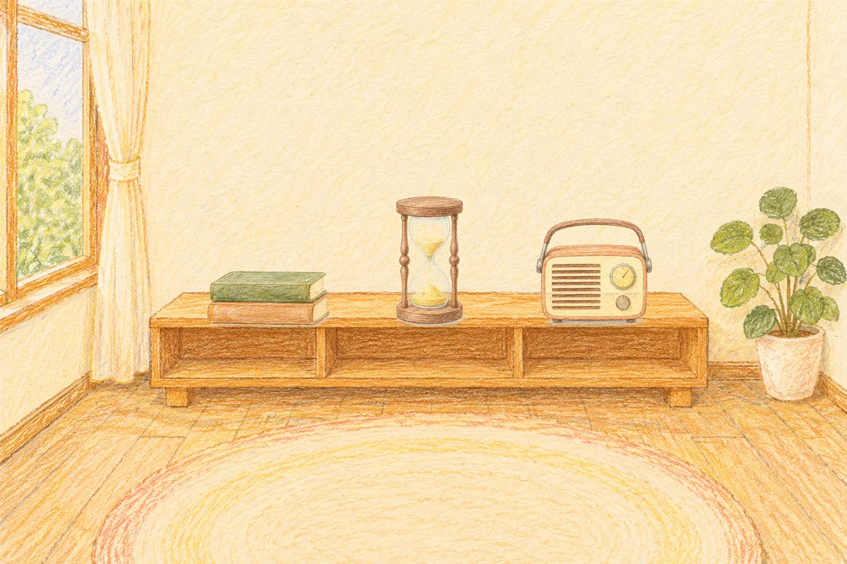 마천동 여성전용 경락 추천 안내 그림, 낮의 창가 낮은 선반 위에 놓인 책 두 권, 모래시계, 작은 라디오