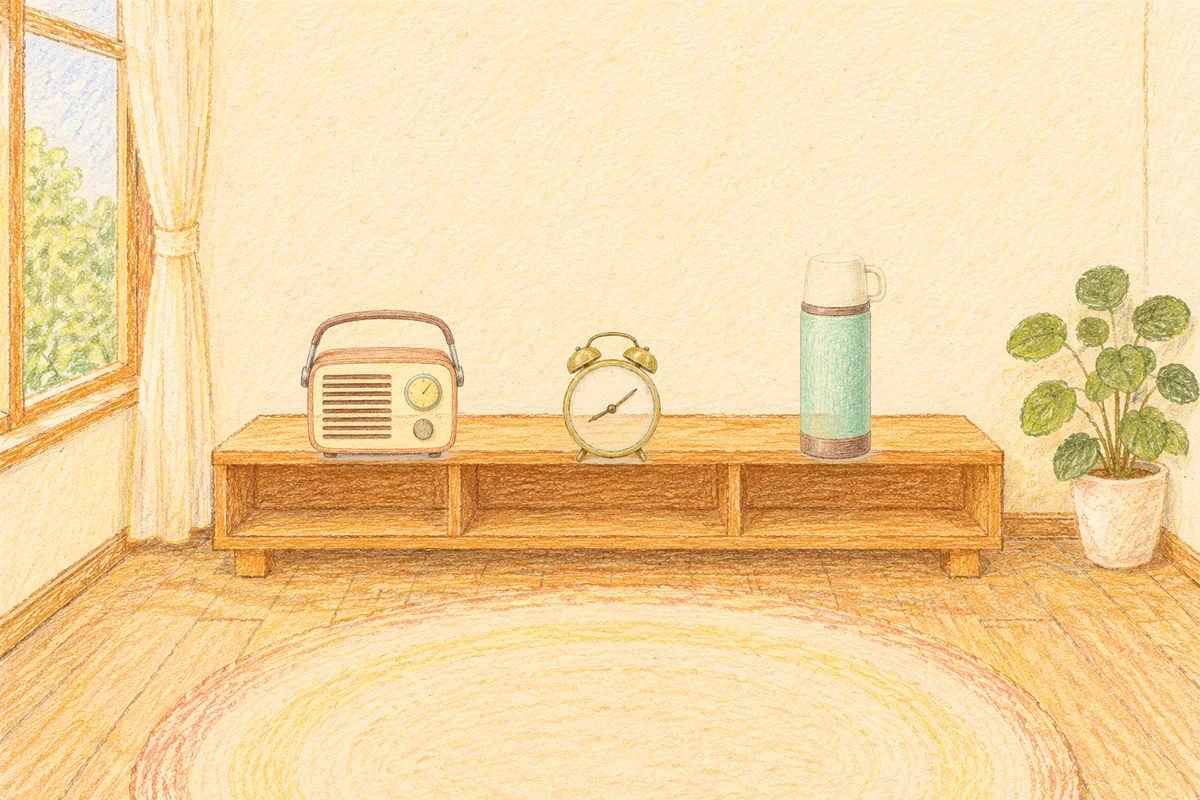 마천동 여성전용 홈케어 안내 그림, 낮의 창가 낮은 선반 위에 놓인 작은 라디오, 둥근 알람시계, 보온병