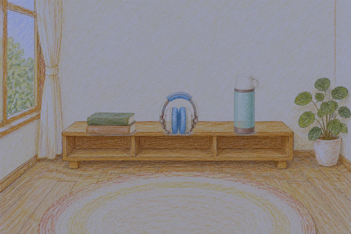 마천동 여성전용 홈케어 서비스 안내 그림, 밤의 창가 낮은 선반 위에 놓인 책 두 권, 헤드폰, 보온병
