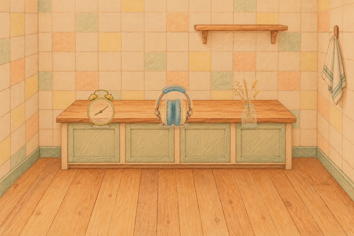 마천동 여성전용 방문 홈케어 안내 그림, 저녁의 부엌 나무 조리대 위에 놓인 둥근 알람시계, 헤드폰, 마른 풀을 꽂은 항아리