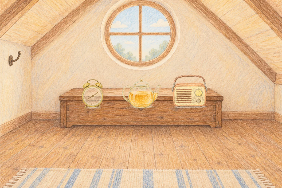마천동 여성전용 홈케어 후기 안내 그림, 낮의 다락방 나무 궤짝 위에 놓인 둥근 알람시계, 유리 티포트, 작은 라디오