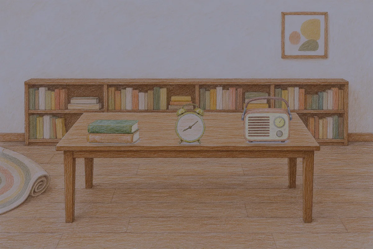 마천동 여성전용 발관리 안내 그림, 밤의 서재 긴 책상 위에 놓인 책 두 권, 둥근 알람시계, 작은 라디오